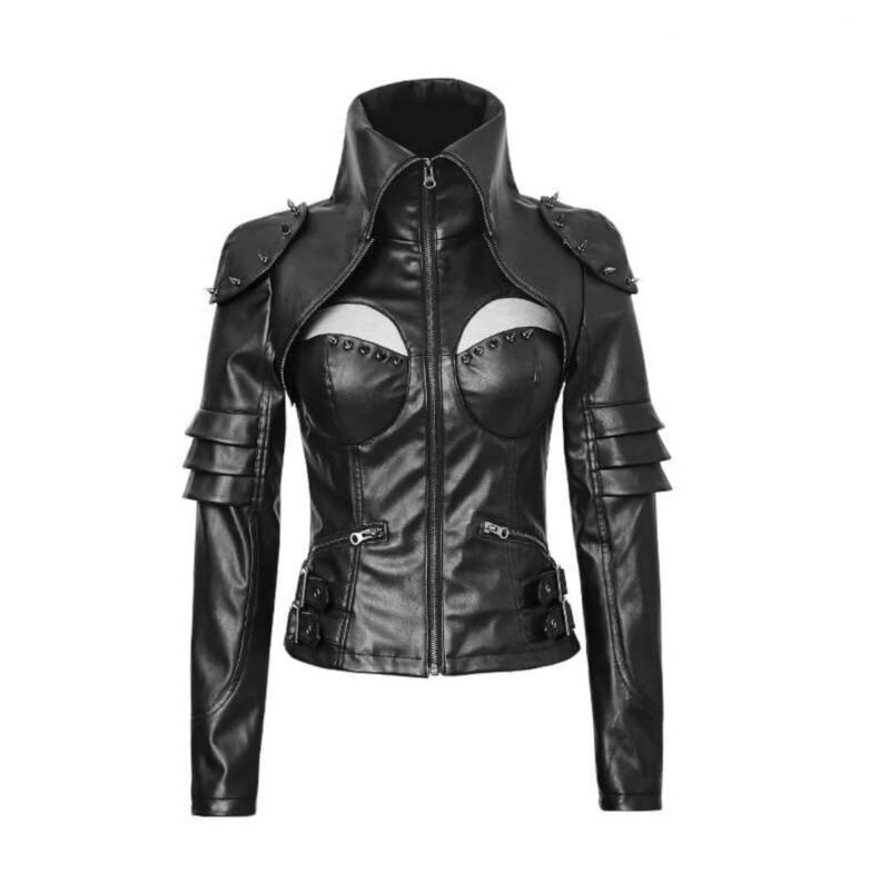 Turtle Gothic Black Short Rivet Studded Sexy Woman High Collar Tight Leather Jackets