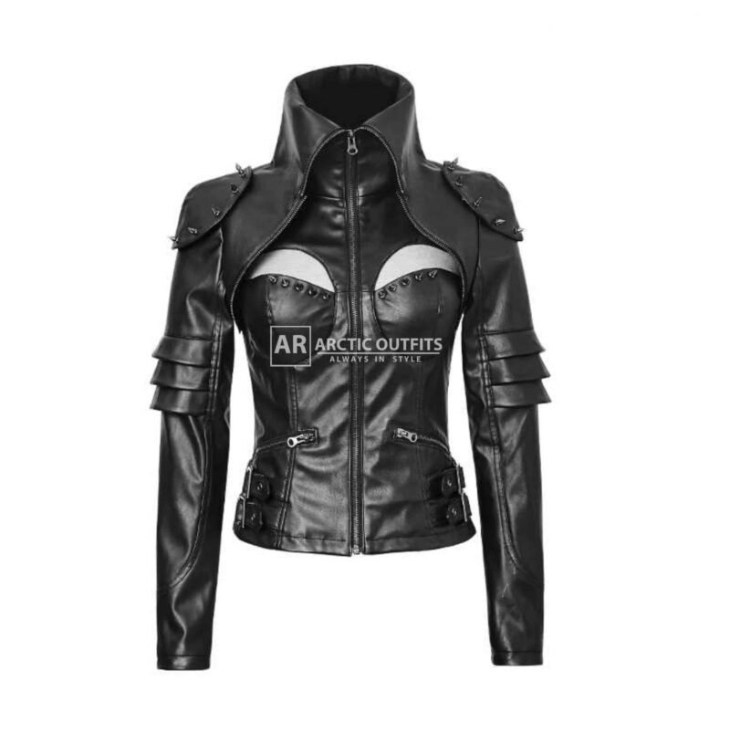 Turtle Gothic Black Short Rivet Studded Sexy Woman High Collar Tight Leather Jackets