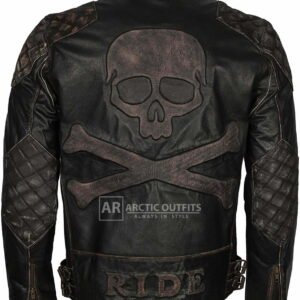 Brownie Skull Ride Emboss Distressed Leather Biker Bomber Jacket