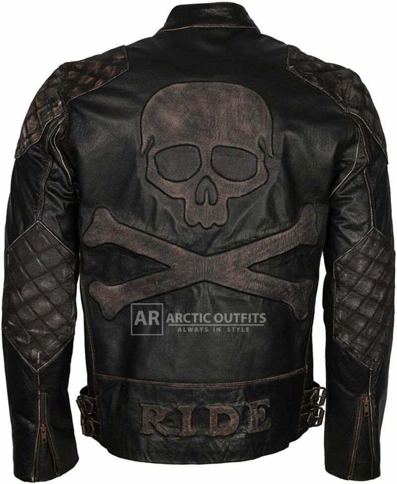 Brownie Skull Ride Emboss Distressed Leather Biker Bomber Jacket