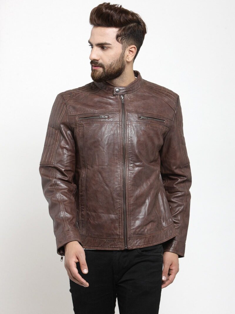 Smooth Brown Leather Bomber Jacket