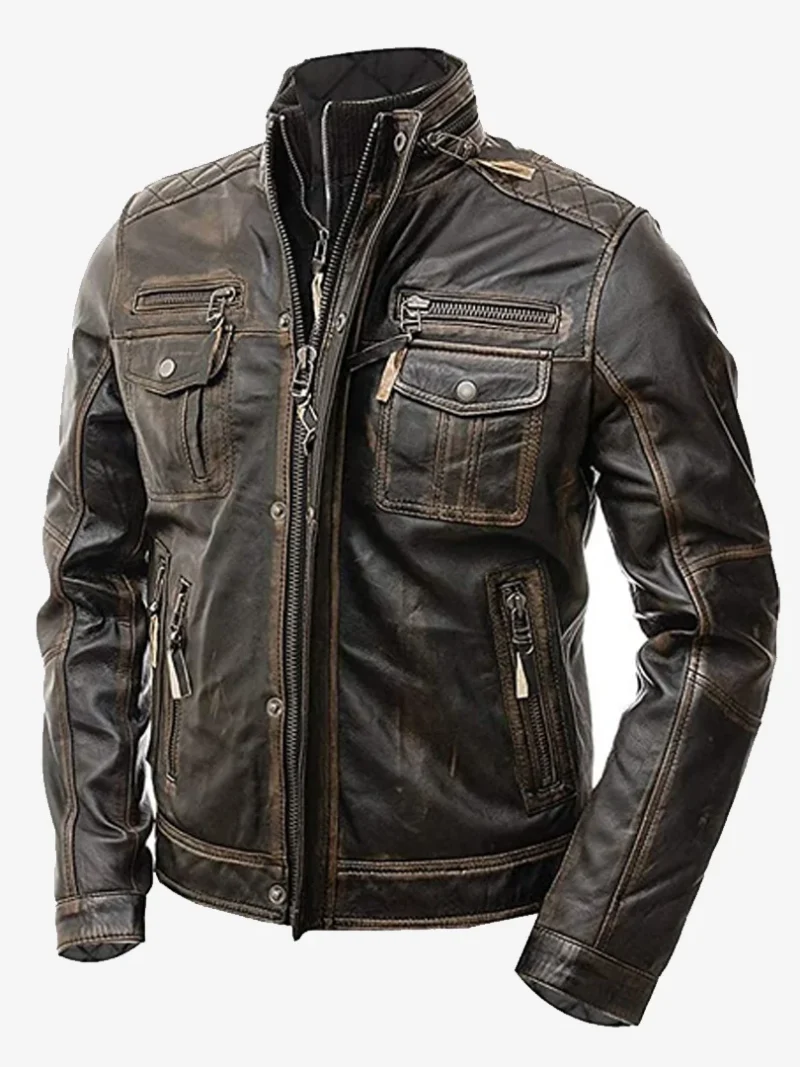 Café Racer Distressed Vintage Leather Biker Jacket