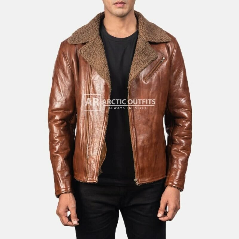 Men's Fur Shearling Brown Leather Biker Jacket
