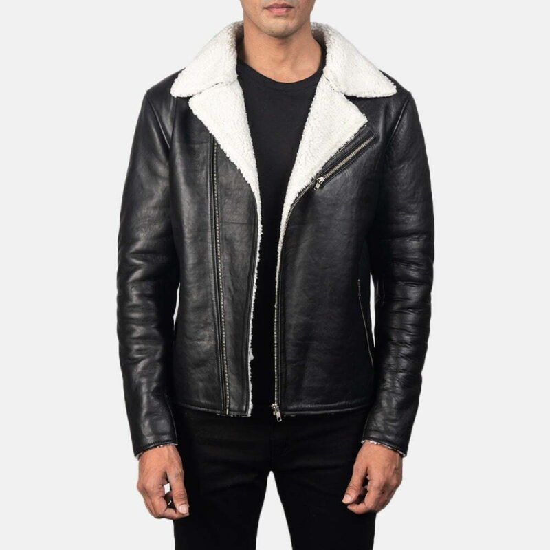 Alberto White Fur Shearling Black Winter Leather Biker Jacket