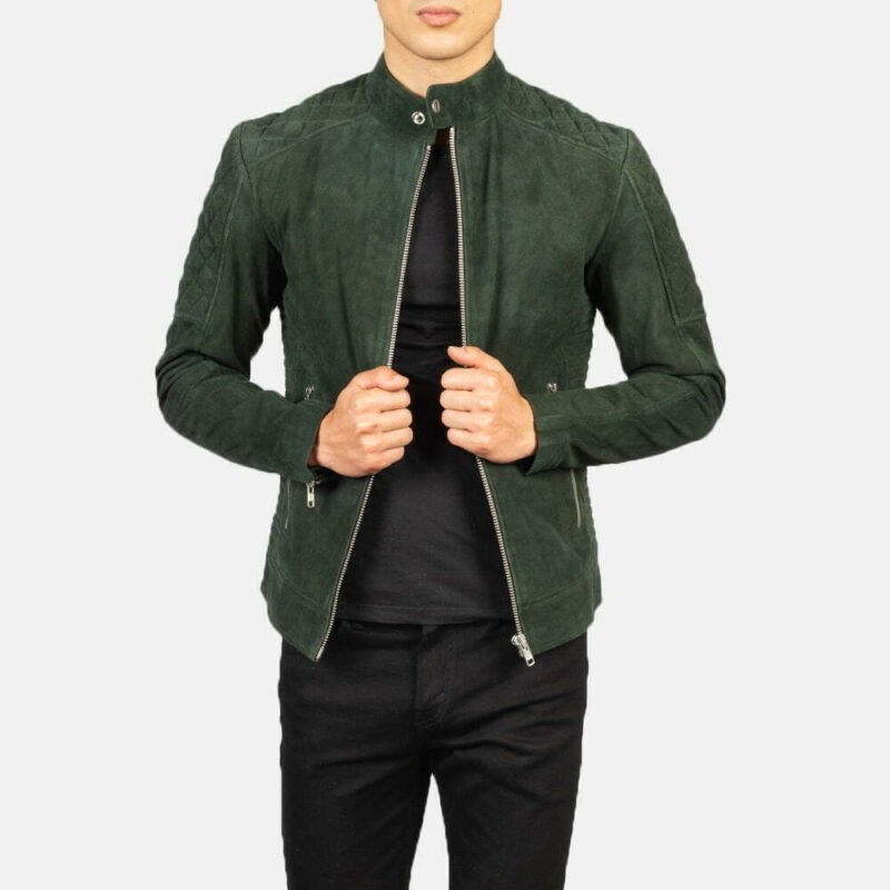 Quilted Green Suede Biker Jacket - Image 3