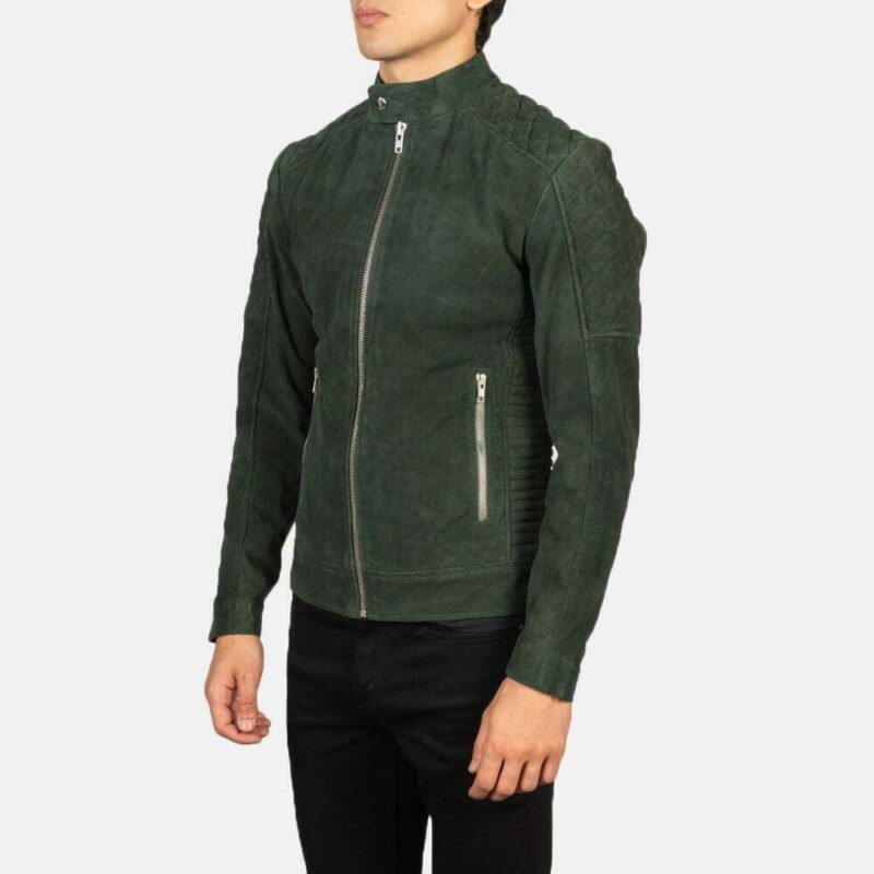 Quilted Green Suede Biker Jacket - Image 4