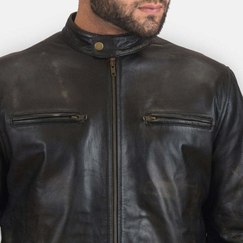 Rustic Black Leather Biker Jacket - Image 5