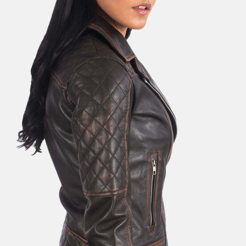Carolyn Quilted Vintage Brown Biker Jacket - Image 3