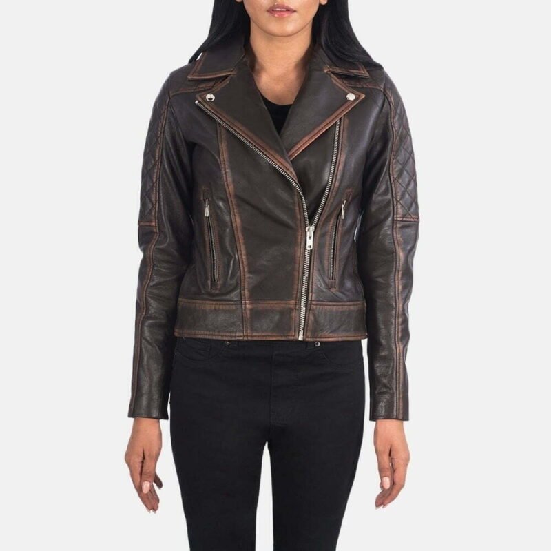 Carolyn Quilted Vintage Brown Biker Jacket - Image 4