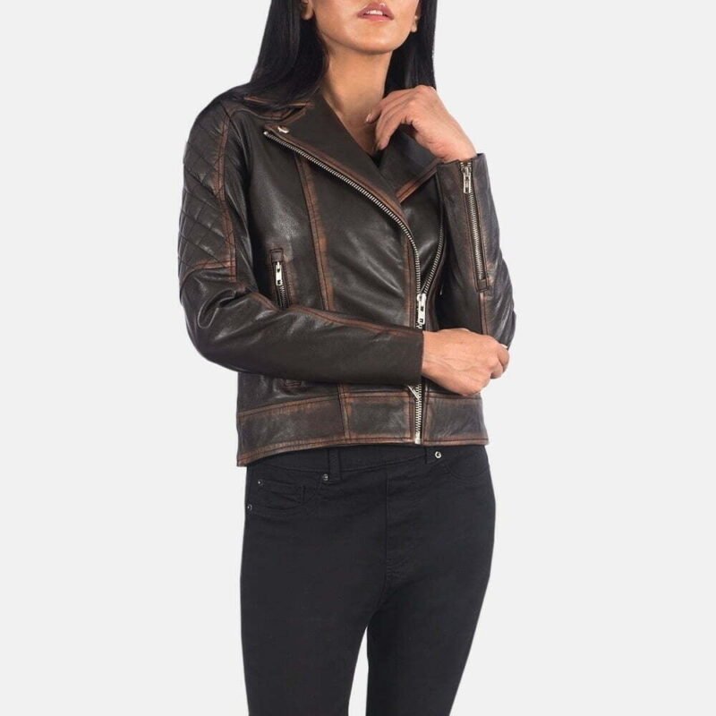 Carolyn Quilted Vintage Brown Biker Jacket - Image 6