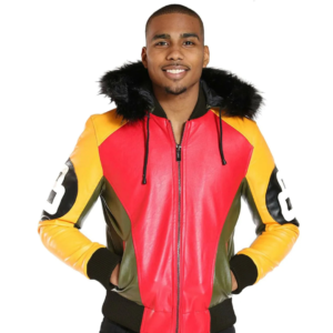 Men’s Tri Color 8 Ball Fur Hood Varsity Jacket