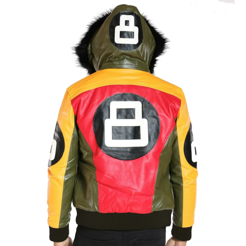 Men’s Tri Color 8 Ball Fur Hood Varsity Jacket